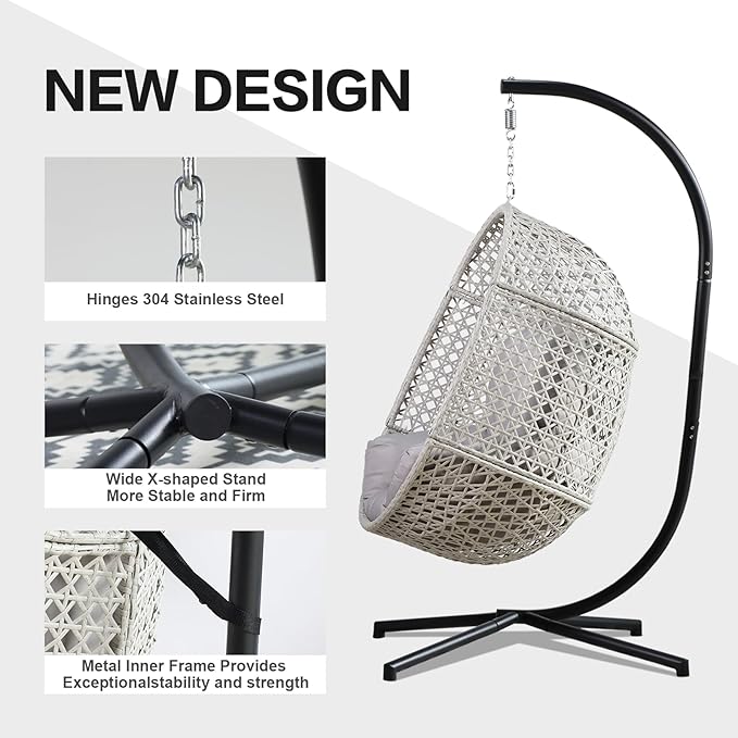 Hanging Egg Chair with Stand, Wicker Egg Swing Chair PE Rattan Hanging Chair Comfort Cushion, 350LBS Capacity for Indoor Bedroom Outdoor Porch Garden (Grey)