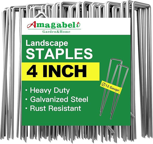 AMAGABELI GARDEN & HOME 4 Inch 50 Pack Galvanized Landscape Staples Garden Staples 12 Gauge Garden Stakes Plant Cover Stakes U-Shaped Landscape Stakes Landscape Pins for Weed Barrier Fabric