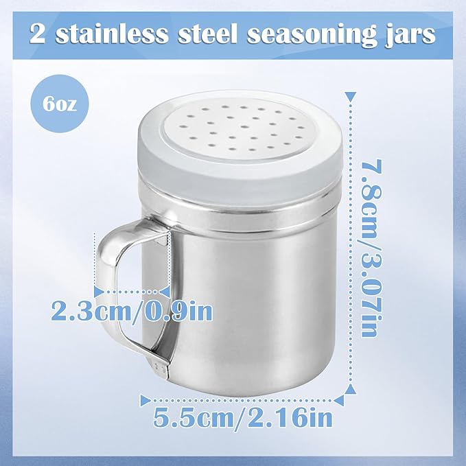 2Pcs Metal Salt Pepper Dredge Shakers, Stainless Steel Pepper Shaker Seasoning Jar With Handle, With Hole And Cover, Suitable For Pepper, Cinnamon And Coffee Spice Jars (Small-6OZ)