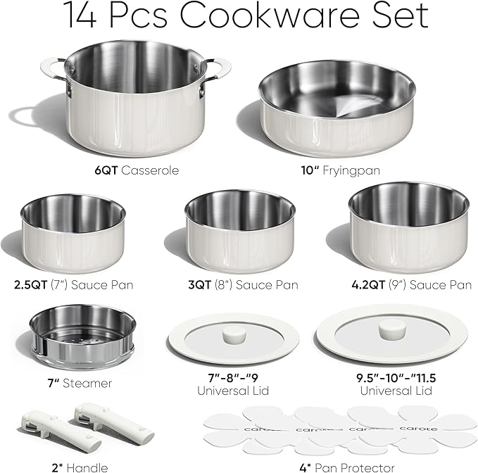 CAROTE 14pcs Pots and Pans Set, Stainless Steel Cookware Set Detachable Handle, Induction Kitchen Cookware Sets with Removable Handle, RV Cookware Set, Oven Safe, Camping Cookware, White