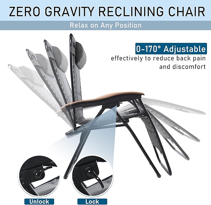 PHI VILLA XXL Oversized Padded Zero Gravity Chair, Foldable Patio Recliner, 30" Wide Seat Anti Gravity Lounger with Cup Holder, Support 400 LBS (Gray)