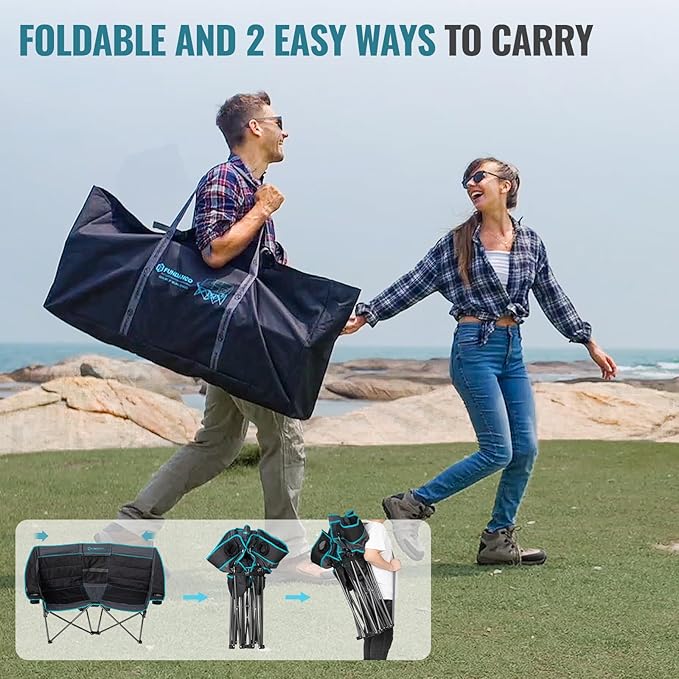 FUNDANGO Double Camping Chair with Cooler, 2 Person Folding Oversized Loveseat Camp Chairs for Adults Fully Padded Couch with Cup Holder Carry Bag for Outdoor Lawn Beach Patio Support 660 LBS