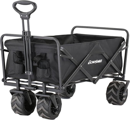 EchoSmile Heavy Duty 350 Lbs Capacity Collapsible Wagon, Outdoor Folding Camping Wagons, Grocery Portable Utility Cart, Adjustable Rolling Carts, All Terrain Sports Wagon with Big Wheels by Boahaus