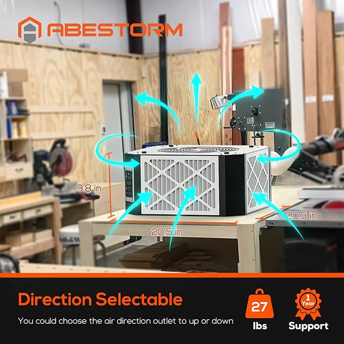ABESTORM 360 Degree Intake Air Filtration System Woodworking 1350 CFM Hanging Air Filter with Strong Vortex Fan for Wood Workshop, Garage, Shop Dust Collectors, Up to 1700 sq. ft, DecDust 1350