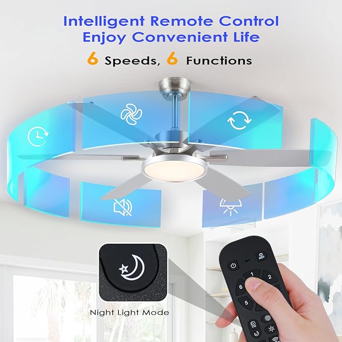 52 inch Modern Ceiling Fans with Lights Remote/APP Control,Modern Flush Mount Ceiling Fan,DC Reversible Motor, 3CCT,Surper Bright Dimmable LED Ceiling Light with Fans for Bedroom, Livingroom Nickel