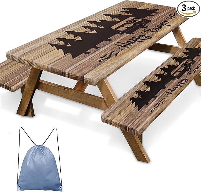 Picnic Table Cover with Bench Covers Elastic Edges, Wooden Camper Fitted Table Cover, Outdoor Patio Camping Essentials 96 Inch 3PCS, Waterproof Camping Fitted Tablecloth with Drawstring Bag