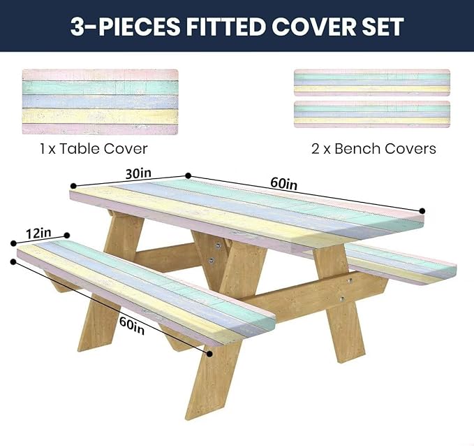 CAPSCEOLL Elastic Picnic Table Cover with Bench Covers 5Ft Waterproof Fitted Picnic Table Cover Cloths for Outdoors Camping Tablecloth with Drawstring Bag, 60X30in, Colorful Wood