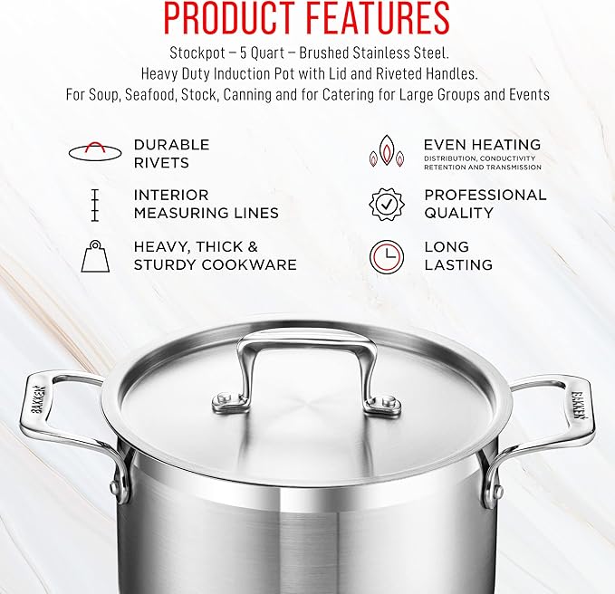Stockpot – 5 Quart – Brushed Stainless Steel – Heavy Duty Induction Pot with Lid and Riveted Handles – For Soup, Seafood, Stock, Canning and for Catering for Large Groups and Events by BAKKEN
