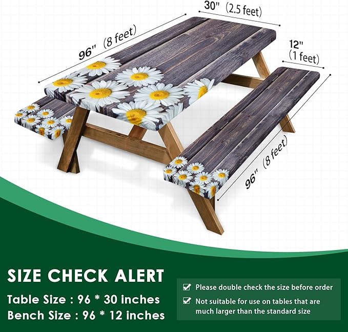 Picnic Table Cover with Bench Covers Elastic Edges, Chamomile Flower Fitted Table Cover, Outdoor Patio Camping Essentials 96 Inch 3PCS, Waterproof Camping Fitted Tablecloth with Drawstring Bag