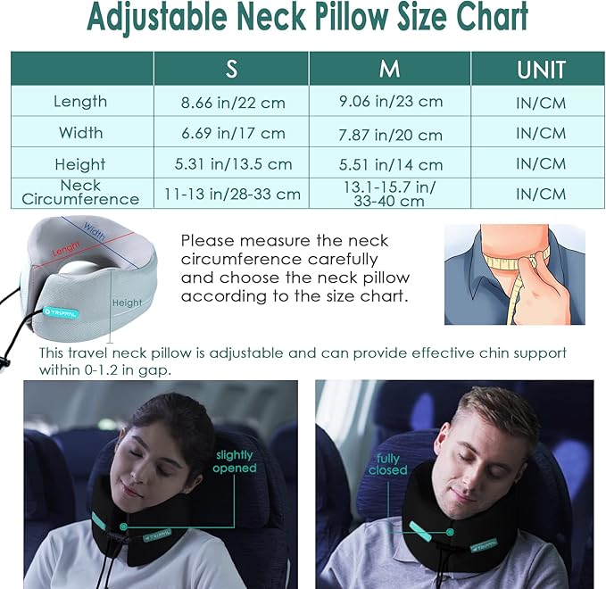 Travel Neck Pillow for Airplane Chin Support Memory Foam Machine Washable for Airplane Sleeping Car Office Black M