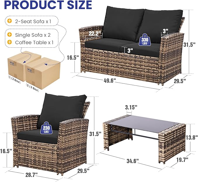 5 Piece Patio Furniture Set with 43" Propane Fire Pit Table, Outdoor Wicker Conversation Set, Rattan Modern Sectional Sofa Couch with Coffee Table for Backyard Porch Garden Poolside, Yellow-Black