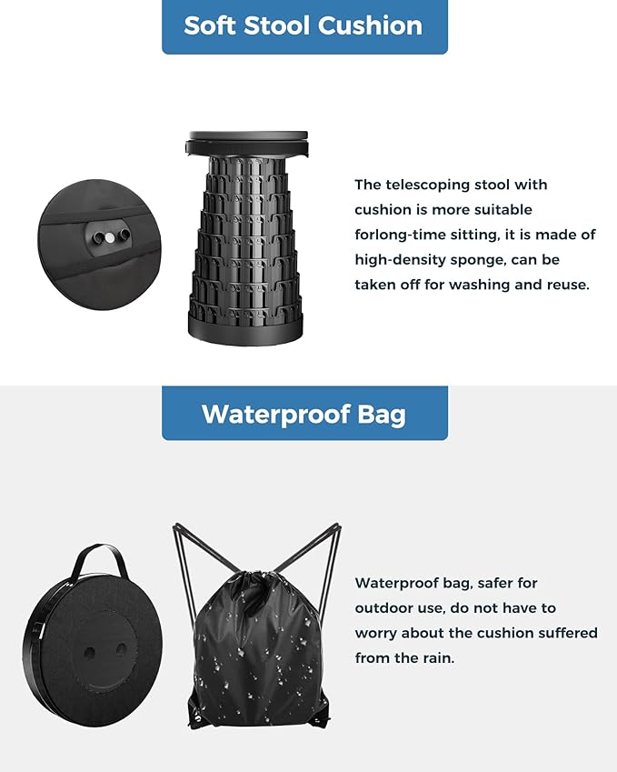 2PCS Upgraded Collapsible Stool with Removable Cushion & Waterproof Carry Bag - Portable Folding Stool for Adults, Camping, Fishing, Hiking - Lightweight Yet Sturdy Max 400lbs