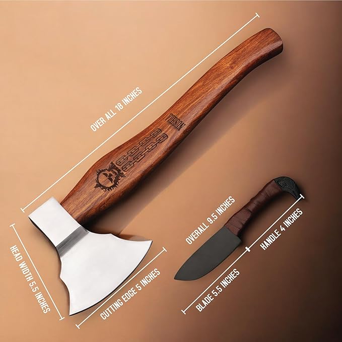 Bearded Viking Axe with Gift Viking Knife Also Leather Sheath | HandForged Carbon Steel bushcraft Hatchet | Vikings Heaven Valhalla (Throwing, Camping, Splitting, Chopping, Hiking) (Axe - 01)