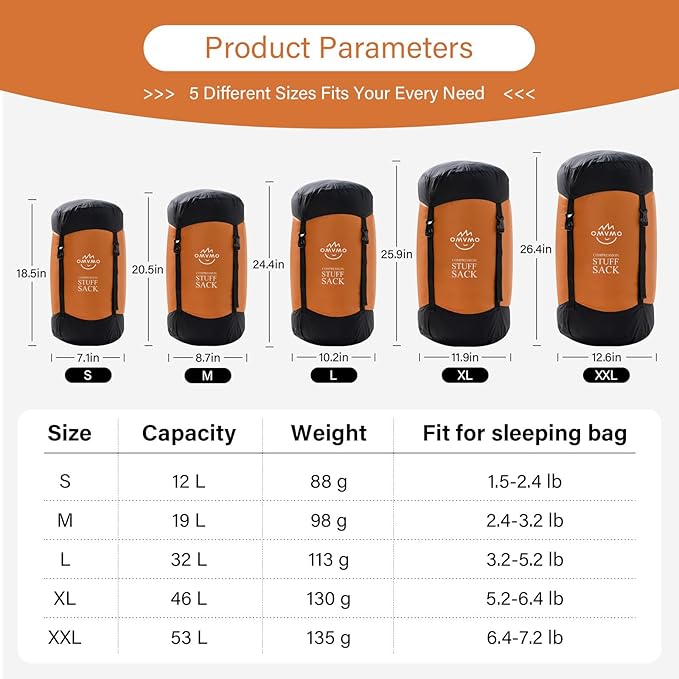 Compression Sack, 12L/19L/32L/46L/53L Water-Resistant Sleeping Bag Stuff Sack,Anti-Tear Ultra Light 400T 20D Nylon Storage Bag,Space Saving Gear for Camping Hiking Travel 1Pcs