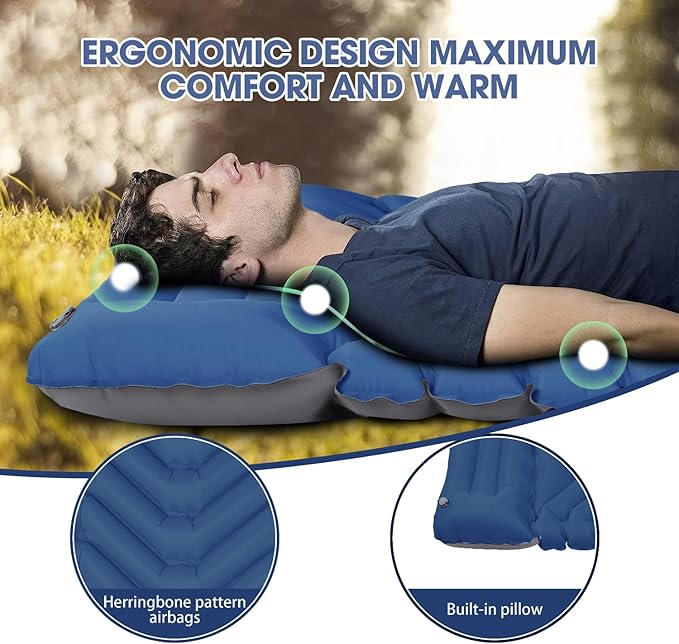 Sleeping Pad for Camping - Ultralight Camping Mattress with Pillow, Built-in Foot Pump, Compact Inflatable Portable Mat for Backpacking, Hiking, Car Traveling, Beach, Tent