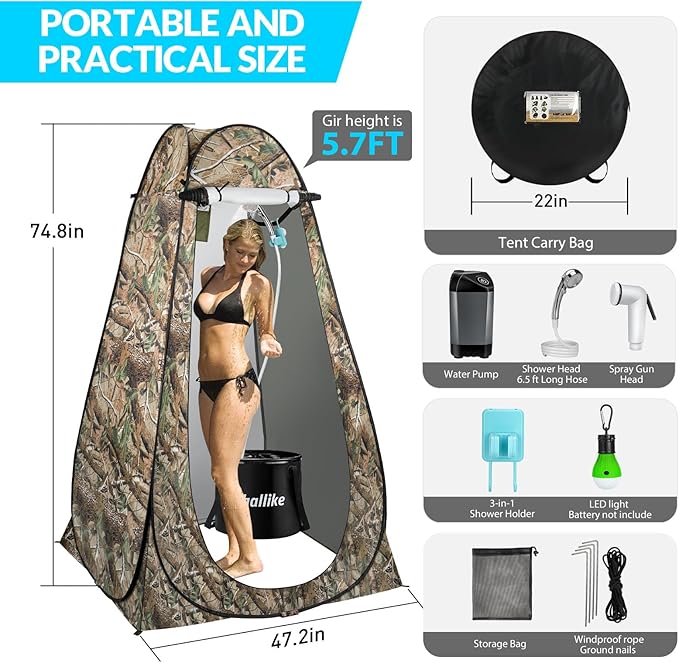 Portable Camping Shower, Pop Up Shower Privacy Tent Kit with LED Lights, 4500mAh Rechargeable Shower Pump, Filtered Shower Head & 7.4 Gallons Foldable Bucket, Outdoor Shower for Hiking Beach, Travel
