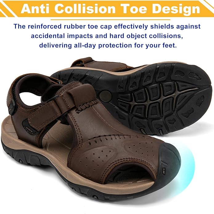 Men's Sport Sandals Closed Toe Leather Hiking Athletic Walking Outdoor Beach Trail River Fishing Water Shoes Lightweight Comfortable Waterproof