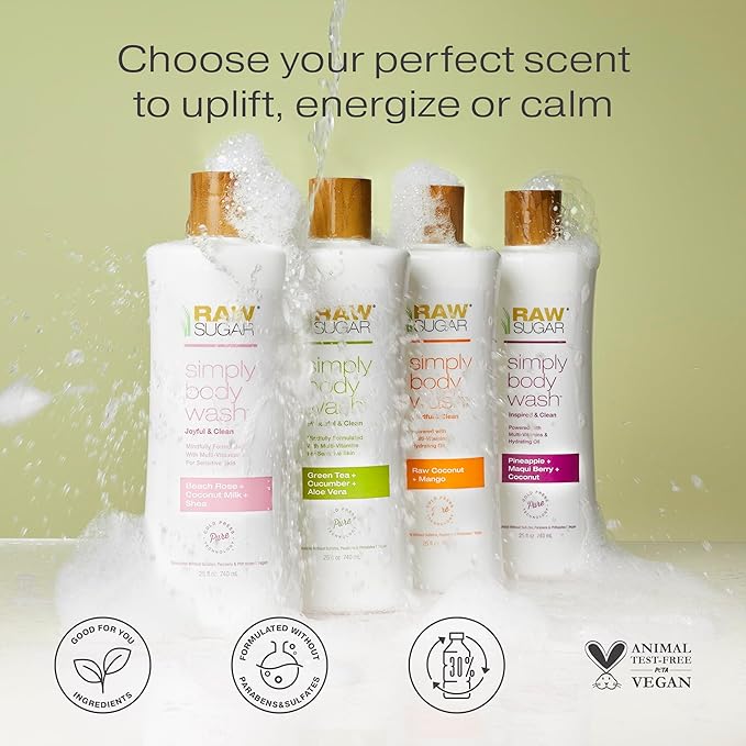 RAW SUGAR Simply Body Wash - Raw Coconut + Mango, Moisturizing & Soothing Bath & Shower Gel, Sulfate-Free, Paraben-Free & Vegan (Pack of 3)