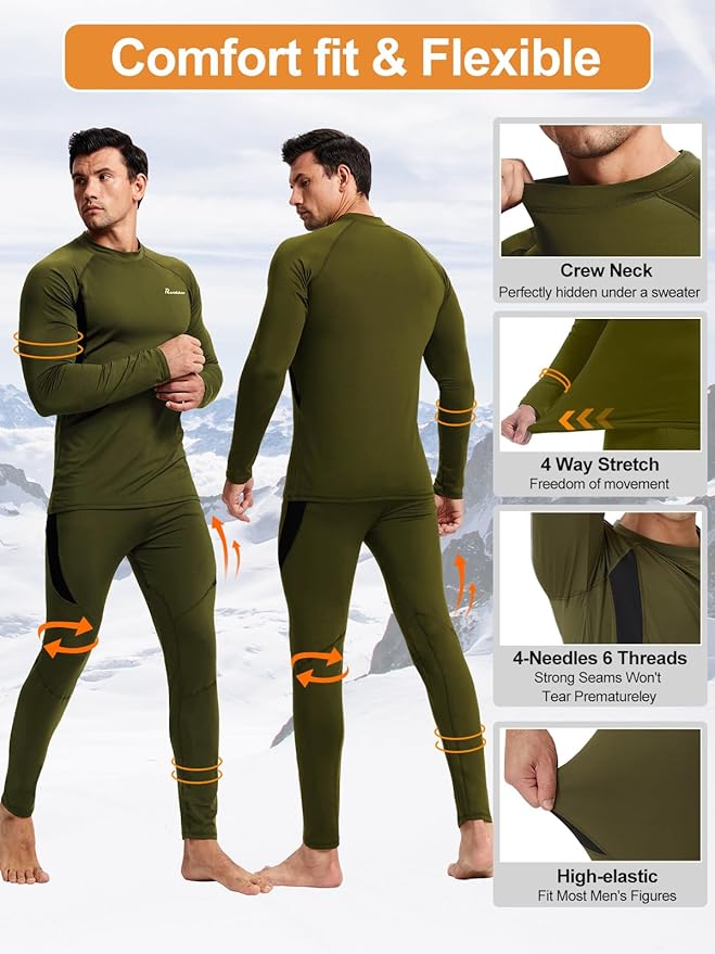romision Thermal Underwear for Men Long Johns Fleece Lined Hunting Gear Bottom Top Set Base Layer for Cold Weather Gift