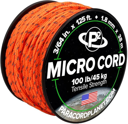Paracord Planet Micro Paracord – Thin Braided Cord for Crafting, Fishing, and DIY Projects in 125 ft Spools – Reflective Neon Orange