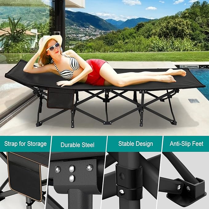 LILYPELLE Folding Camping Cot, Extra Wide Heavy Duty Sleeping Cots with Carry Bag, Double Layer Oxford Portable Travel Camp Cots for Home, Office Nap and Outdoor Beach