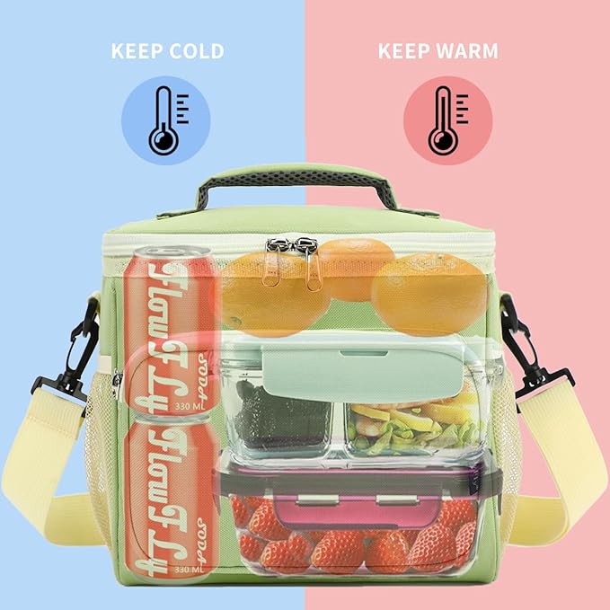 FlowFly Insulated Reusable Lunch Bag Adult Large Lunch Box for Women and Men with Adjustable Shoulder Strap,Front Zipper Pocket and Dual Large Mesh Side Pockets,Light Matcha