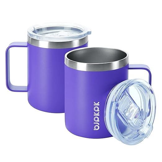 BJPKPK 2 pcs Insulated Coffee Mug, 14oz Insulated Tumbler with Lid, Stainless Steel Coffee Cups with Splash Proof Lid-Purple