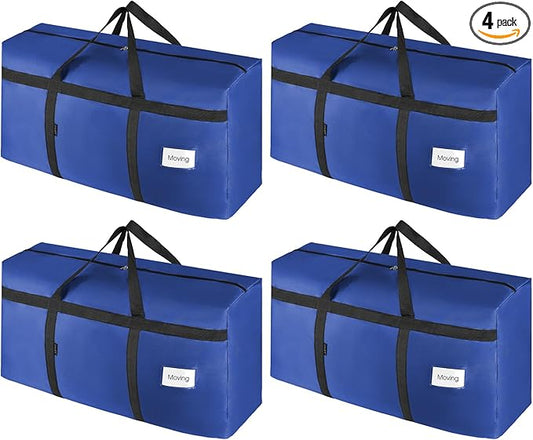 4 Pack Moving Bags Heavy Duty Extra Large 90L, College Packing Bags for Moving Clothes, Moving Supplies & Boxes with Zippers and Handles, Storage Bags Moving Totes Camping Essentials (Blue)