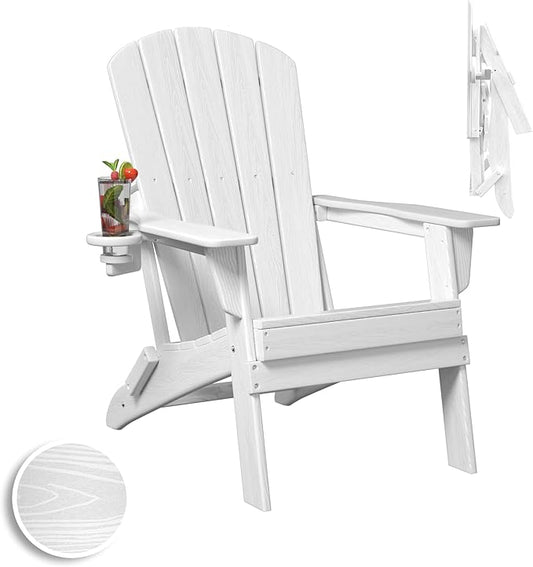 Folding Adirondack Chair, SGS Tested, Wooden Textured with Cup Holder, Heavy All-Weather HDPE Comfortable Set Poolside Backyard Lawn White