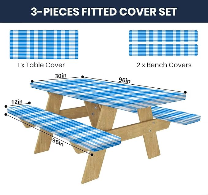 CAPSCEOLL Fitted Picnic Table Cover with Bench Covers with Elastic 8Ft Waterproof Camping Picnic Table Cover Cloths for Outdoors Camping Tablecloth with Drawstring Bag, 96X30in, Blue Checkered
