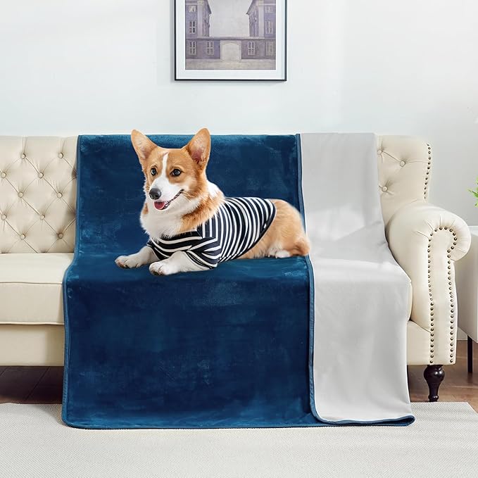 SOCHOW Waterproof Blanket for Bed Sofa Couch, Water Resistant Blanket Washable 60"x80", Reversible Leakproof Bed Cover for Adults Elderly Pets, Navy Blue & Light Grey