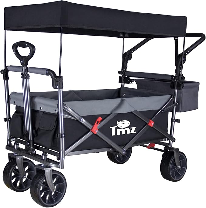 TMZ Collapsible Folding Outdoor Utility Wagon with Removable Canopy - 265lbs Heavy Duty Trolley with Rubber Wheels, Adjustable Handles, Rear Basket, for Shopping, Picnic, Camping (Black/Grey)