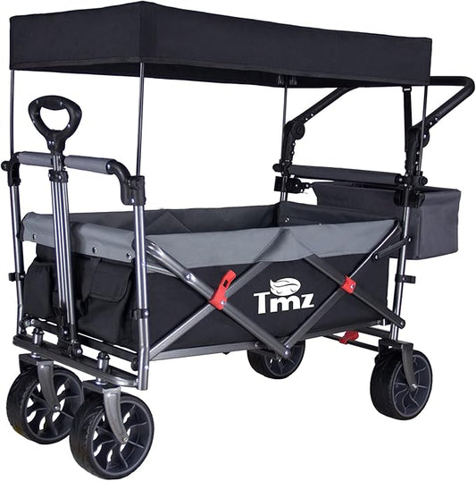 TMZ Collapsible Folding Outdoor Utility Wagon with Removable Canopy - 265lbs Heavy Duty Trolley with Rubber Wheels, Adjustable Handles, Rear Basket, for Shopping, Picnic, Camping (Black/Grey)