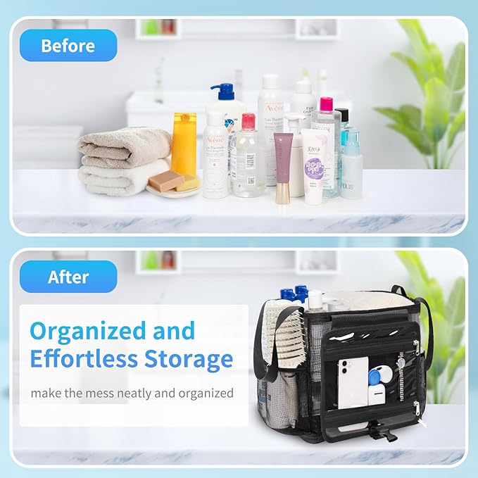 Mesh Shower Caddy Portable, Quick Dry Hanging Toiletry Bag for College Dorm Essentials with 4 Pockets/Divider/Plastic Bottom, Travel Tote Bag for Camping, Bathroom, Beach, Swimming, Gym