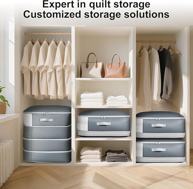 Comforter Storage Bag - 130L Large Capacity Blanket Storage Bags 4-Layer Ultra Space Saving Self Compression Organizer, Washable Compression Bags for Storage Comforter Blanket, 4-Pack, Grey