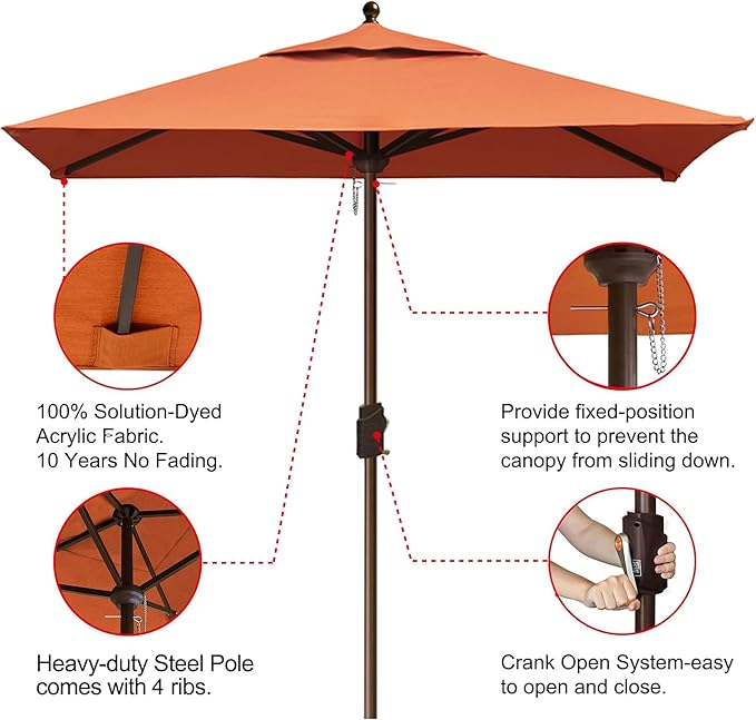 EliteShade USA 10-Year-Non-Fading 6x6Ft Square Market Umbrella Patio Outdoor Table Umbrella with Ventilation, Rust