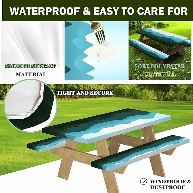 CAPSCEOLL Elastic Picnic Table Cover with Bench Covers 5Ft Waterproof Fitted Picnic Table Cover Cloths for Outdoors Camping Tablecloth with Drawstring Bag, 60X30in, Green Mountain