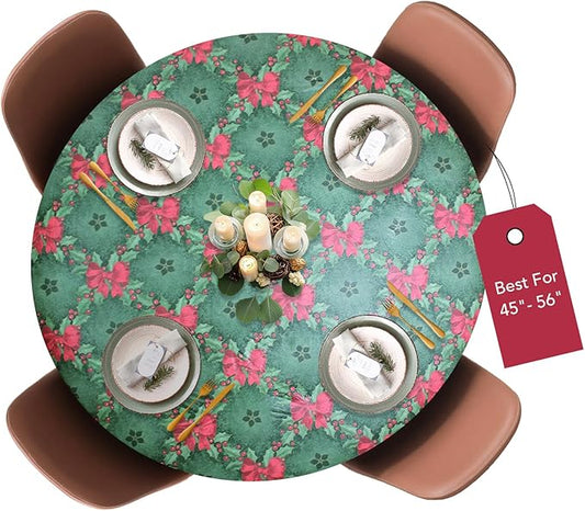 Violet Linen Holly and Ribbons Elastic Round Table Cover, Large