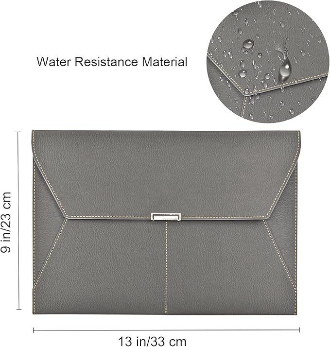 VANRA File Folder Document Holder Organizer Waterproof Portfolio Leather Folder Case with 3 Pockets, Filing Envelopes for A4 Letter Size Paper with Snap Magnetic Button Closure (Gray)