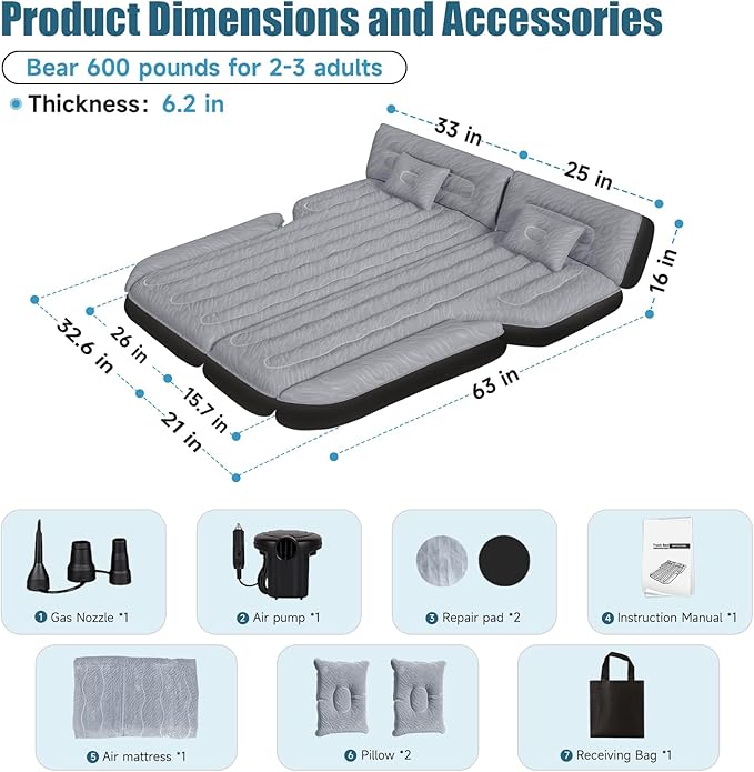 Inflatable SUV Air Mattress: Double-Sided Flocking Car Mattresses for Back SUV, Travel Camping Sleeping Bed with Air Pump 2 Pillows