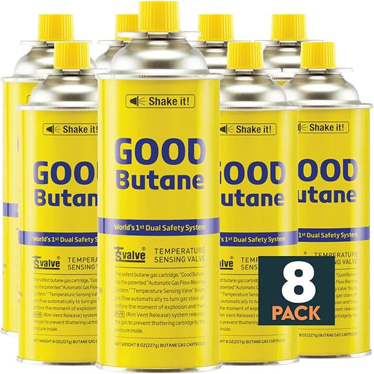 8oz Butane Fuel Canisters Cylinders with Dual Safety System for Portable Gas Stove, Camping Stoves, Gas Burners, Cooking Torch, UL Listed, Made in Korea (8 Pack)