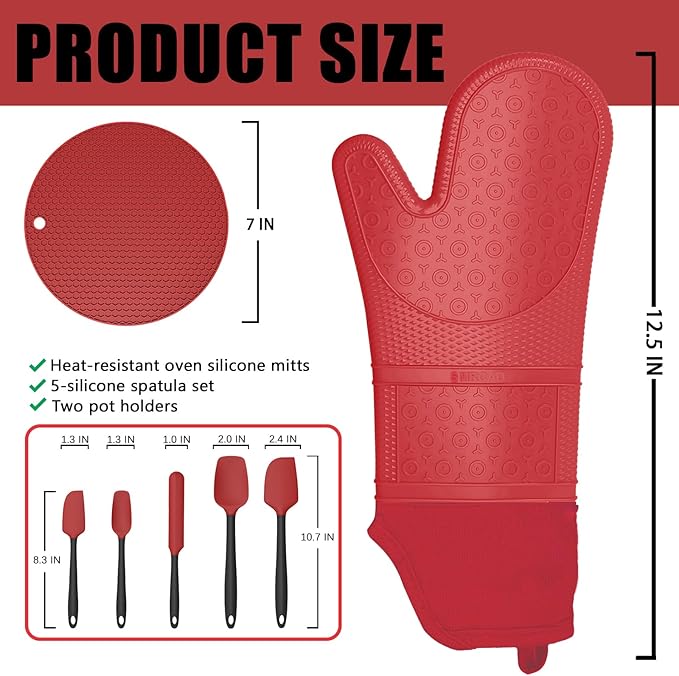Oven Mitts with Heat-Resistant Hot Pads and Five Silicone Spatulas Designed for Kitchen Baking Cooking, Oven Glove Soft Cotton Lining, Waterproof, BPA-Free (Red, 15.7)
