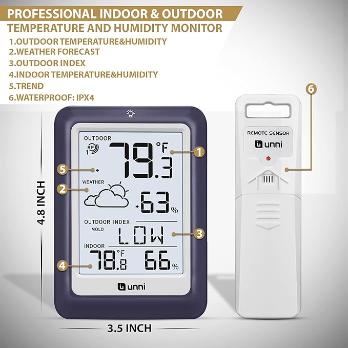 Indoor Outdoor Thermometer Wireless Weather Station, Temperature Humidity Monitor Battery Powered Inside Outside Thermometers with 330ft Range Remote Sensor and Backlight Display (Purple)