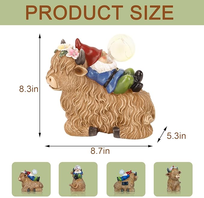 Solar Highland Cow Gnome Garden Decor Statue, Outdoor Funny Solar Light Decoration for Yard, Patio, Lawn, Unique Housewarming, Birthday Gift for Women, Mom, Grandma
