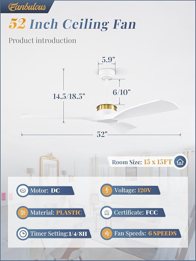 52" Ceiling Fans without Lights, Flush Mount Ceiling Fan with Remote Control,Modern Outdoor Ceiling Fans with 2 Downrods 6-Speeds Reversible DC Motor for Patio Bedroom Living Room