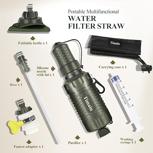 Timain Portable Personal Water Filter Straw Water Filter Survival Gear for Emergency Preparedness, Outdoor Activities, Travel, Camping, Hiking, Fishing, Hunting (Green)