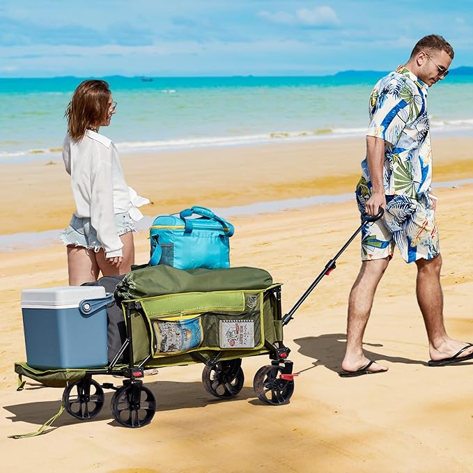 Timber Ridge 47" L Collapsible Wagon with Tailgate & Brake, 300lbs Heavy Duty Beach Wagon with All-Terrain Big Wheels, 250L Foldable Utility Cart for Sand Camping Sports Shopping, Green