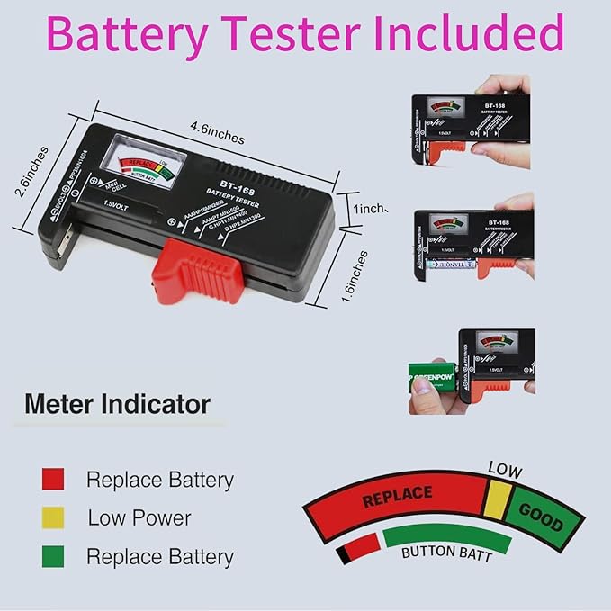 Battery Organizer Storage Case with Tester,Clear Batteries Storage Organizers Holds, Just The Right Size Slot with stable handle,Holds 57 Batteries Various Sizes（Batteries are Not Included）(Purple)