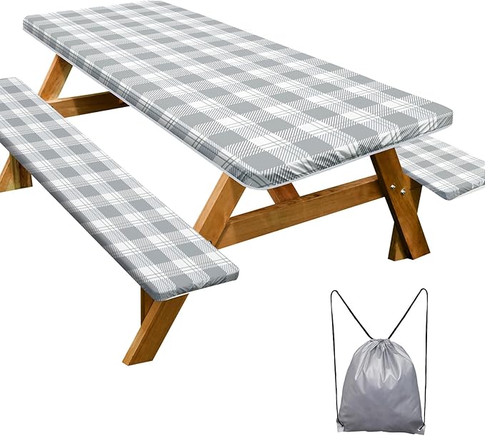 Picnic Table Cover with Bench Covers Camping Essentials Waterproof Windproof Camping Tablecloth with Drawstring Bag, Fitted Rectangle Tables and Seats, 60in, Grey Checkered