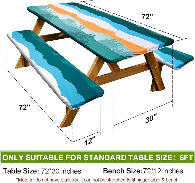 Picnic Table Cover with Bench Covers Camping Essentials Waterproof Windproof Camping Tablecloth with Drawstring Bag, Fitted Rectangle Tables and Seats, 72in, Orange Blue